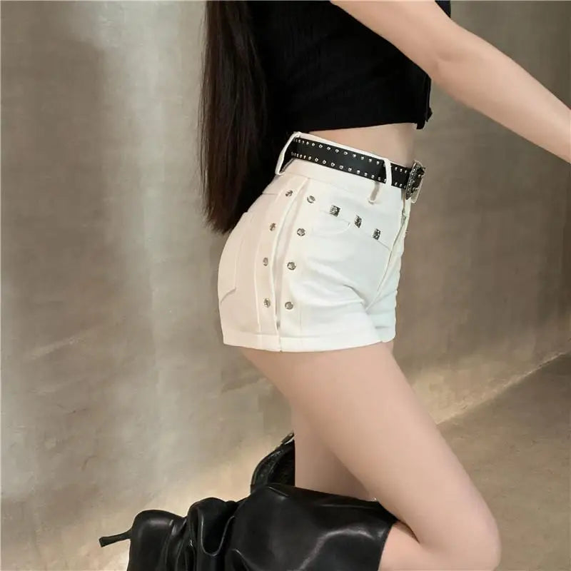 Sexy Black Studded Denim Shorts Women 2025 Y2K High Waist Hot Pants,