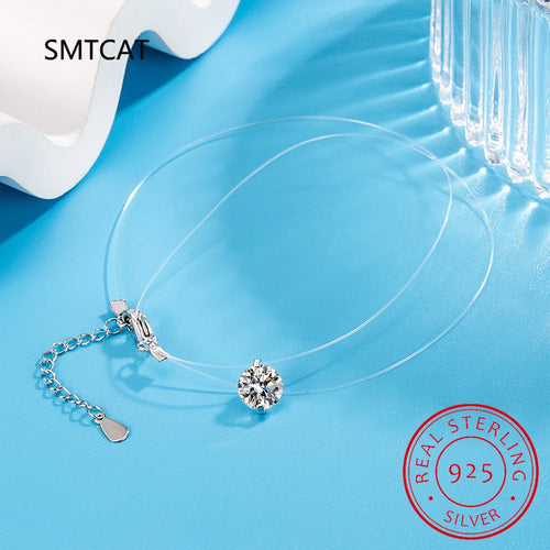 925 Silver Invisible Chain Pendant Necklace Rhinestone Choker de Prata