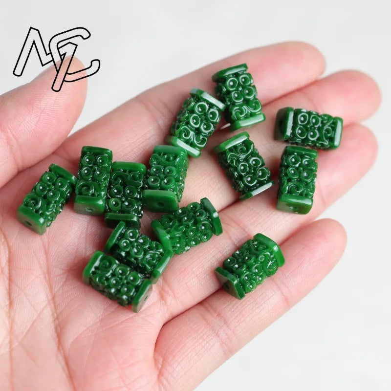 3pc Natural A Green Jade Dry Cyan Carving Beads DIY Bracelet Bangle