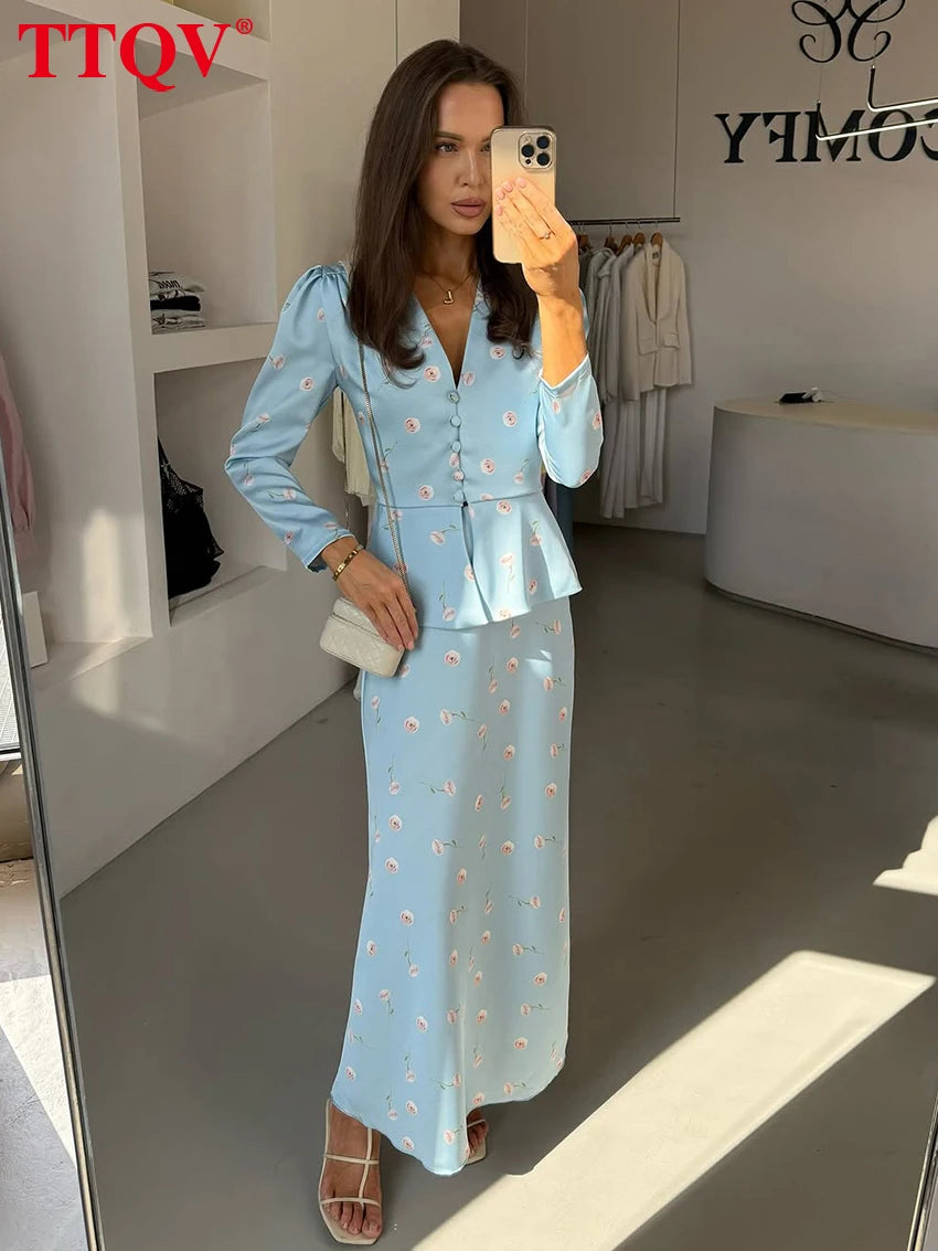 TTQV Fashion Slim Print Women's Two Pieces Set 2026 Elegant Long