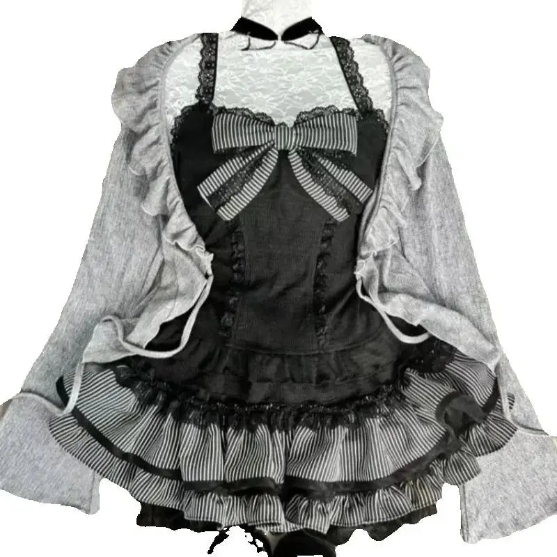Sweet Lolita Early Autumn Three Piece Set Lace up Ruffles Cardigan
