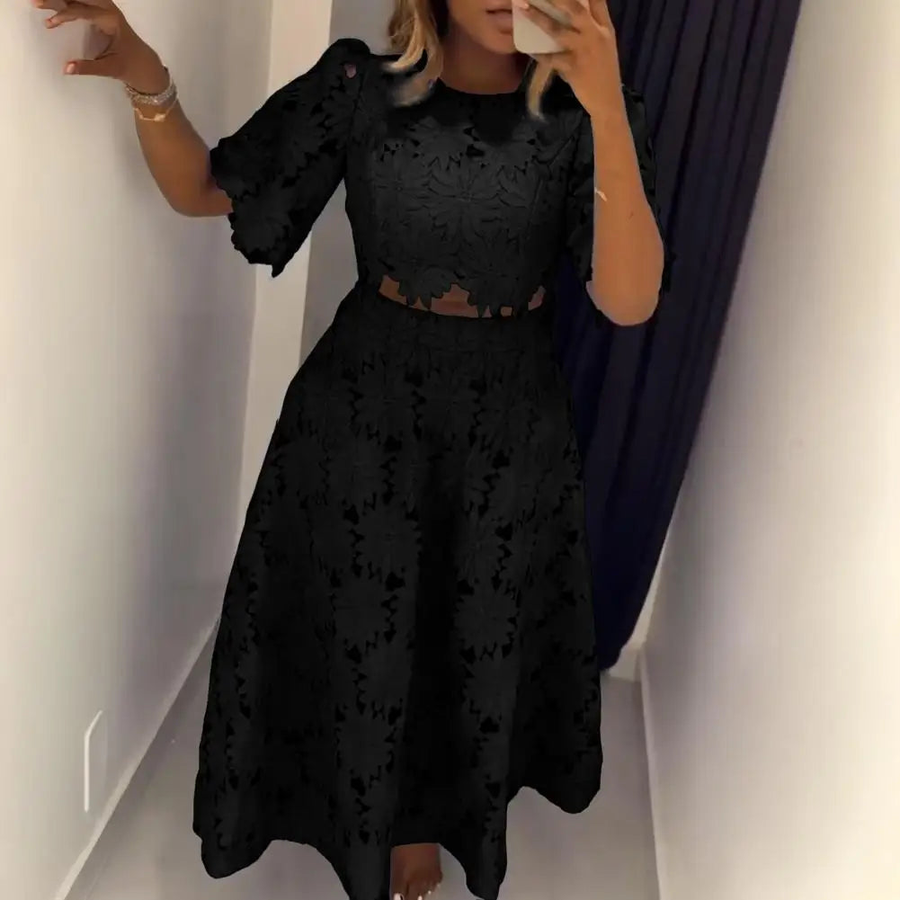 Elegant Hollow Out Women's Long Dresses Short Sleeves Embroidery Dress