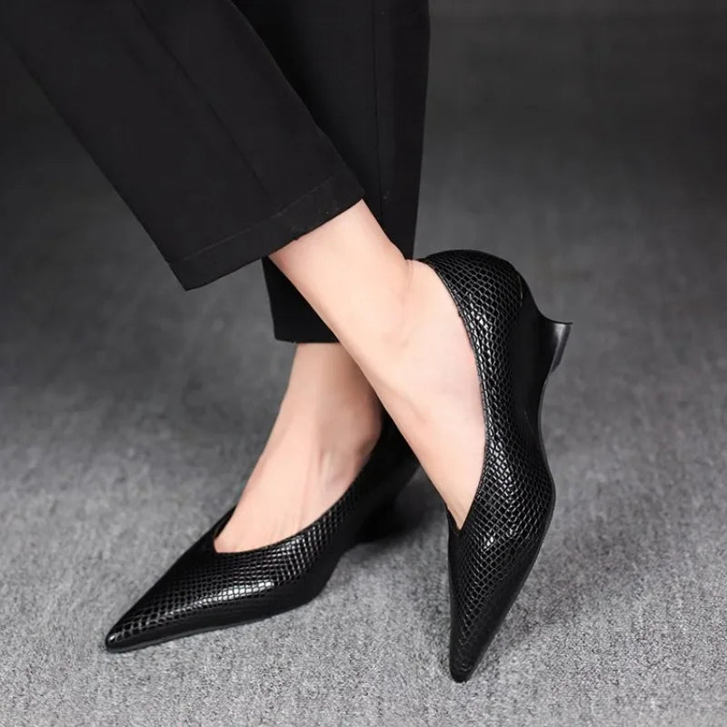 Large Size Soft Leather Shallow Mouth Pointed Thick Heel Shoes Women