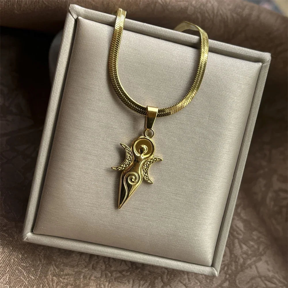 Witch Triple Moon Goddess Hecate Necklace for Women Men Stainless
