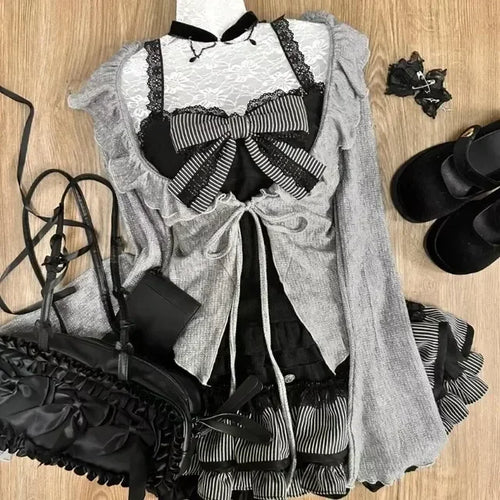 Sweet Lolita Early Autumn Three Piece Set Lace up Ruffles Cardigan