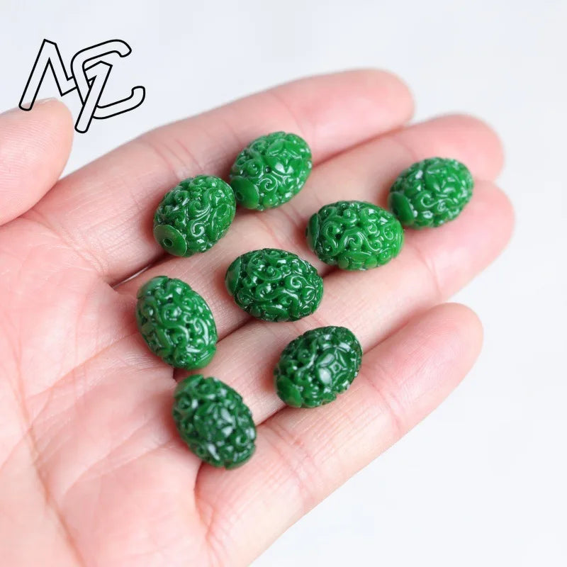 3pc Natural A Green Jade Dry Cyan Carving Beads DIY Bracelet Bangle