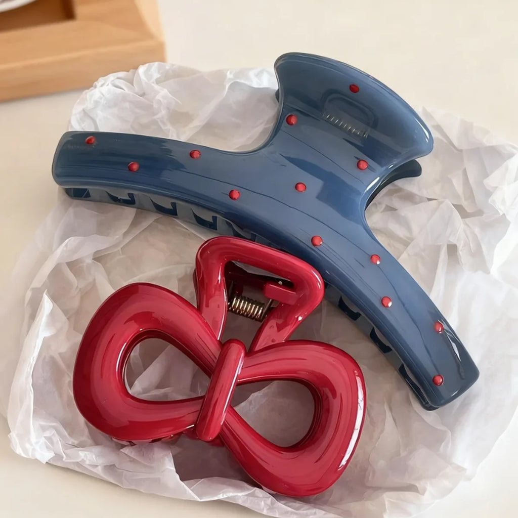2Pcs/Set Vintage Blue Polka Dot Red Bow Hair Clip Shark Claw Clamp
