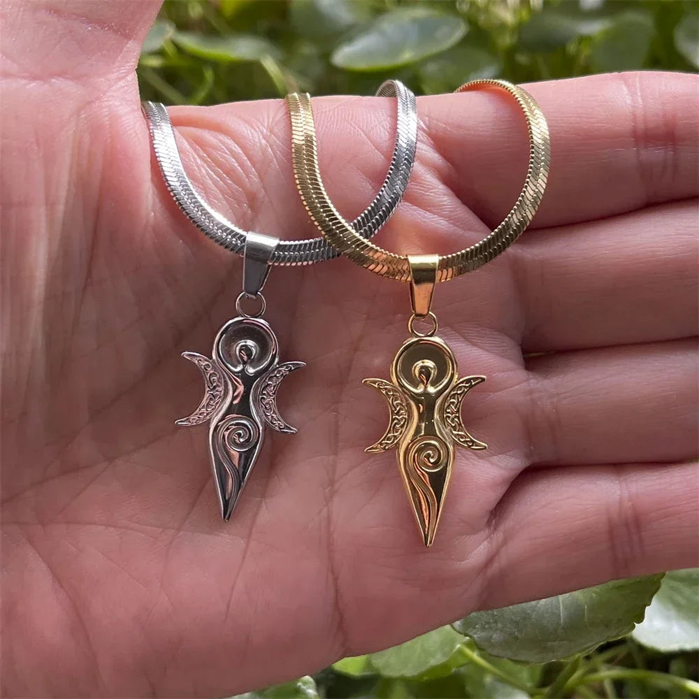 Witch Triple Moon Goddess Hecate Necklace for Women Men Stainless