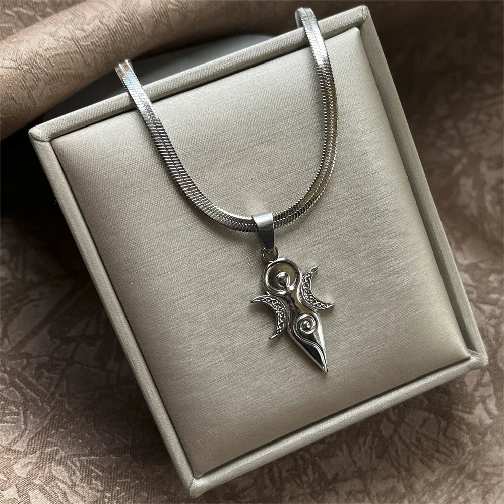 Witch Triple Moon Goddess Hecate Necklace for Women Men Stainless