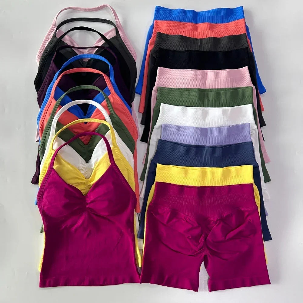 2 Pieces Sports Set Women Backless Tank Tops High Waist Scrunch