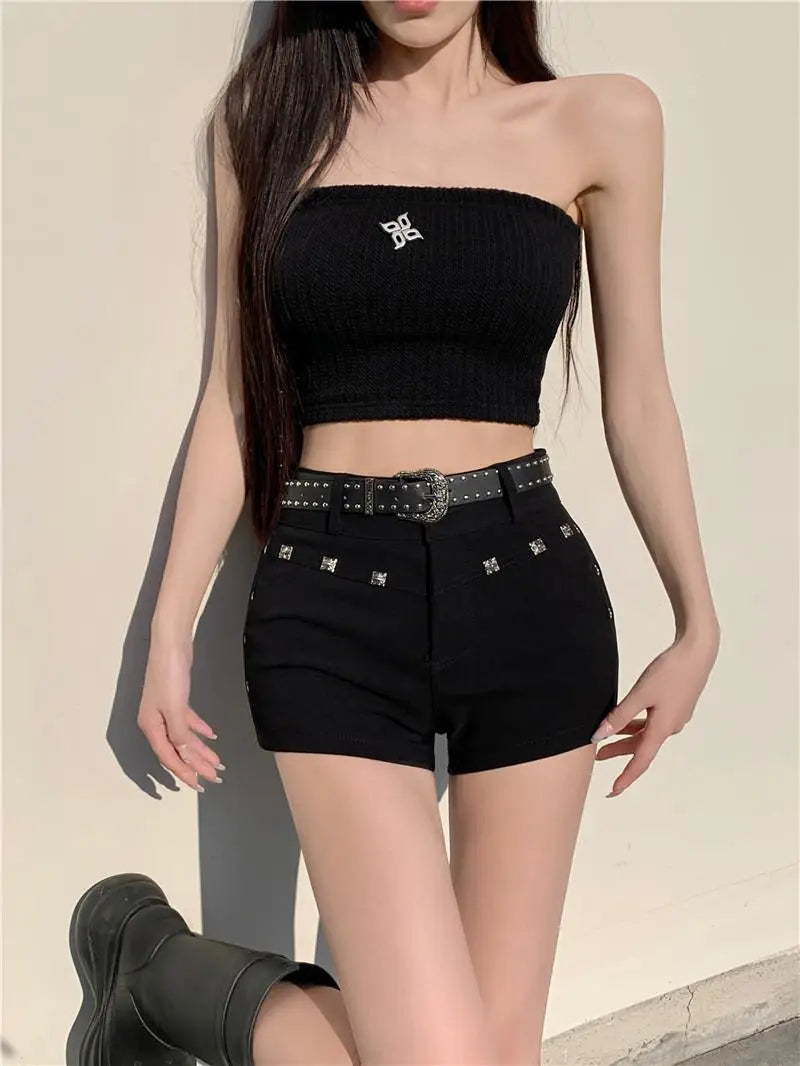 Sexy Black Studded Denim Shorts Women 2025 Y2K High Waist Hot Pants,