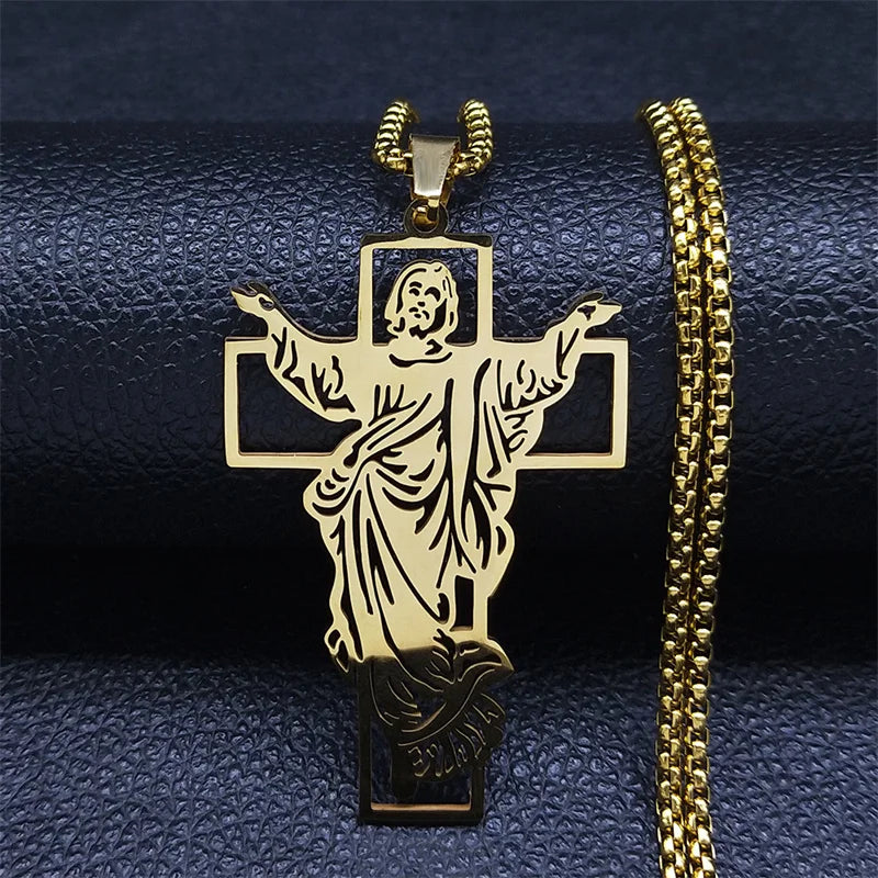 Jesus Cross Stainless Steel Pendant Necklace Gold Color for Women/Men