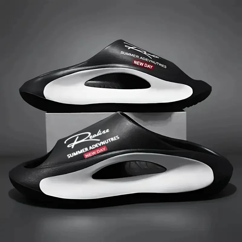 Lightweight EVA men's slide | Black and white cartoon design, exposed