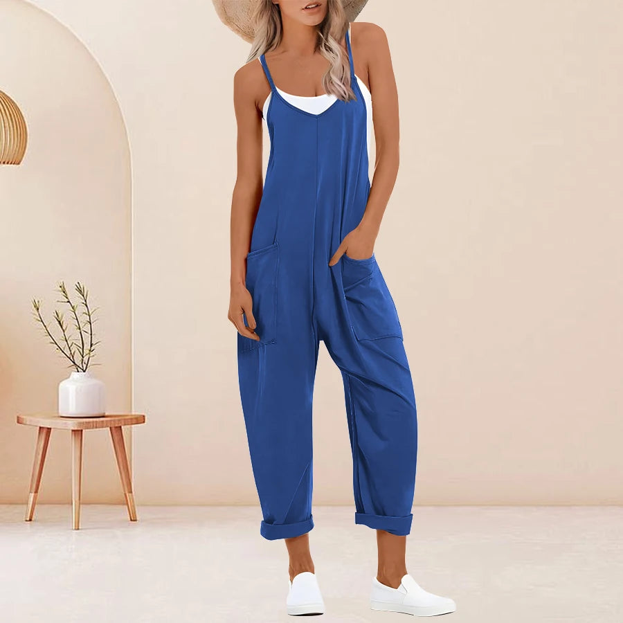 Plus Size Solid Sleeveless V Neck Jumpsuit with Slip Pockets, Casual