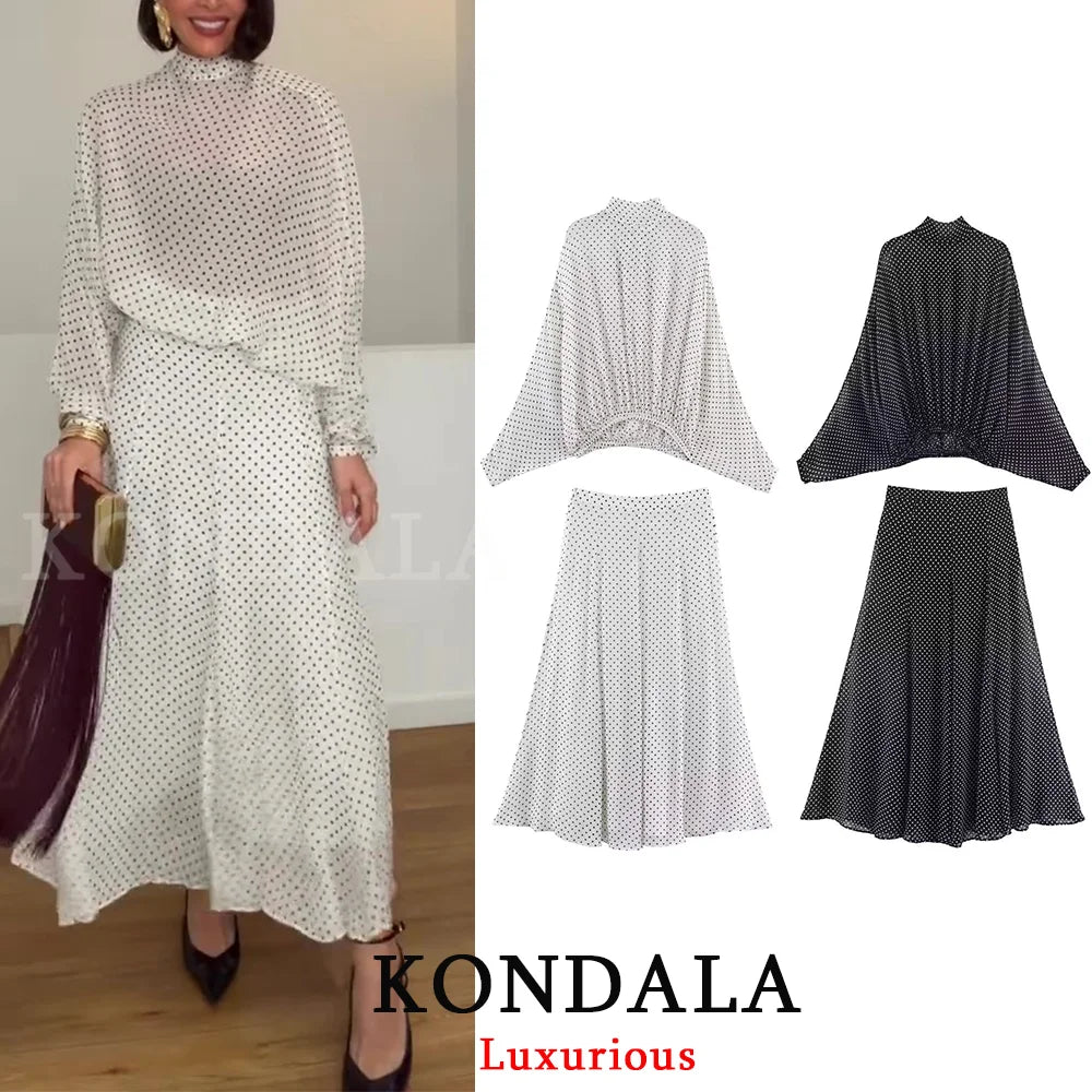 KONDALA Vintage Polka Dot Women Sets Chiffon Bow Tie Loose Blouses