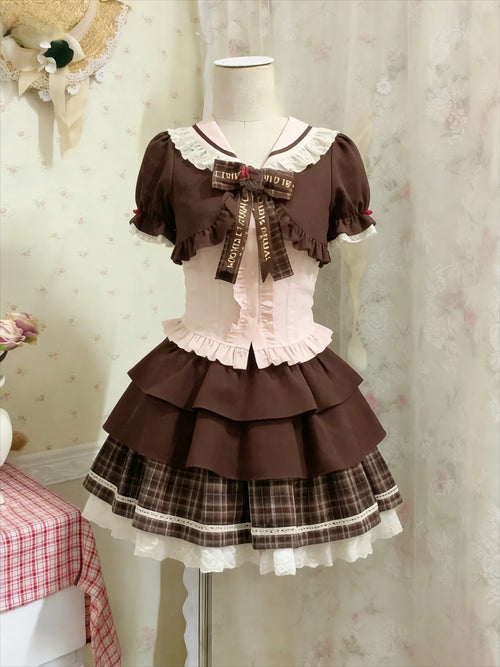 Japanese Kwaii Skirt Suit Women Casual Bow Top + Brown Lace Cardigan +