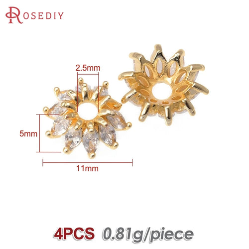 18K Gold Color Brass and Zircon Flower Beads Caps Jewelry Earrings