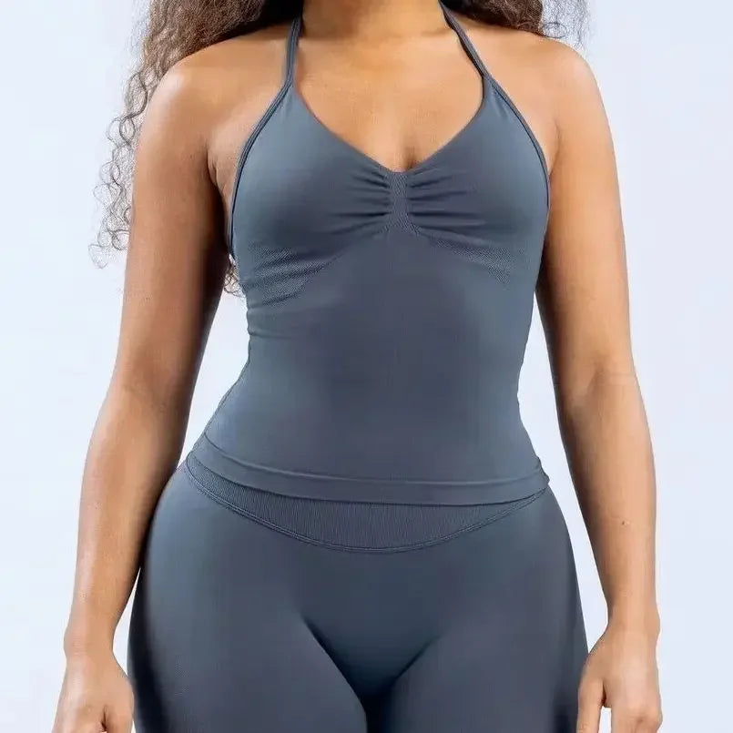 2 Pieces Sports Set Women Backless Tank Tops High Waist Scrunch