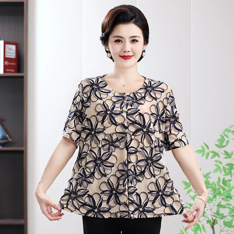 Floral Printed Summer Tops for Mature Women Beige-Toned Linen-Cotton