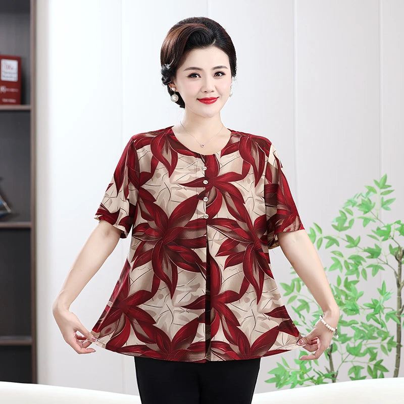 Floral Printed Summer Tops for Mature Women Beige-Toned Linen-Cotton