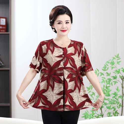 Floral Printed Summer Tops for Mature Women Beige-Toned Linen-Cotton