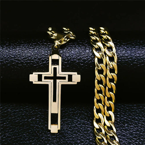 2026 Hip Hop Cross Stainless Steel Chain Necklaces Gold Color Long