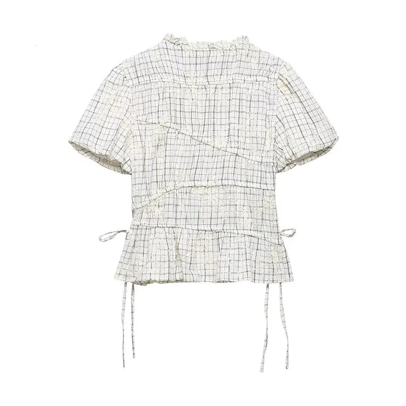 TFAFXY 2026 Summer Bow Plaid Embroidered Blouse Women Sets A-line Midi