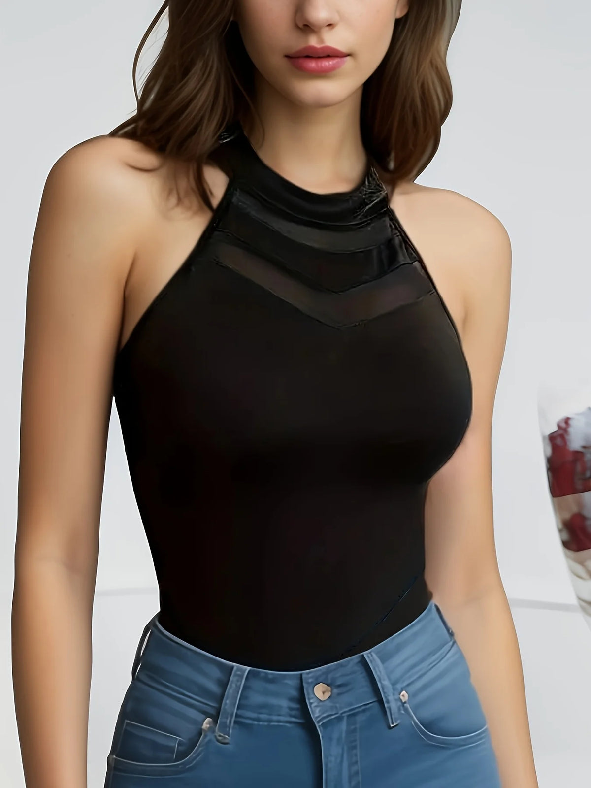 Sexy Halter Sheer Mesh Sleeveless Bodysuit