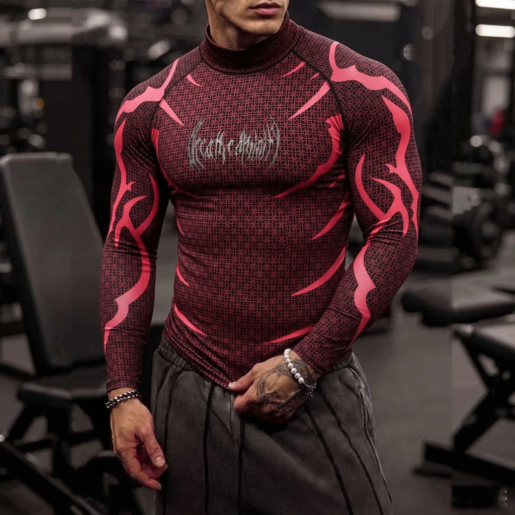 Men Mock Neck Fitness Long Sleeve Top Geometric Texture Jagged Gothic