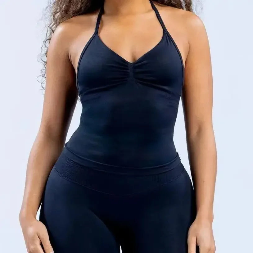 2 Pieces Sports Set Women Backless Tank Tops High Waist Scrunch