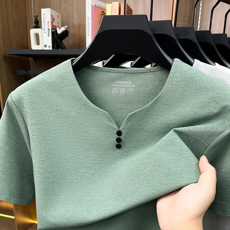 Mens Henley Neck T Shirts Short Sleeve Casual Soft Breathable