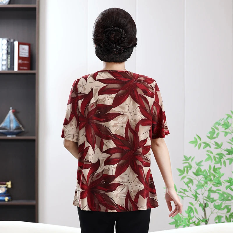 Floral Printed Summer Tops for Mature Women Beige-Toned Linen-Cotton
