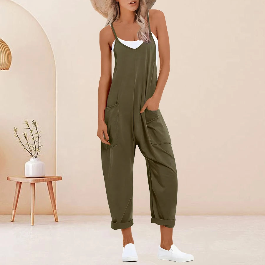 Plus Size Solid Sleeveless V Neck Jumpsuit with Slip Pockets, Casual