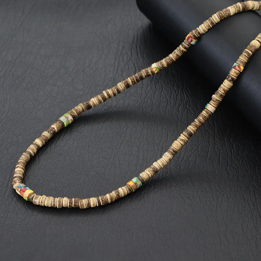 Noter Men Natural Coconut Beads Wooden Necklace 19 Inches Short Choker