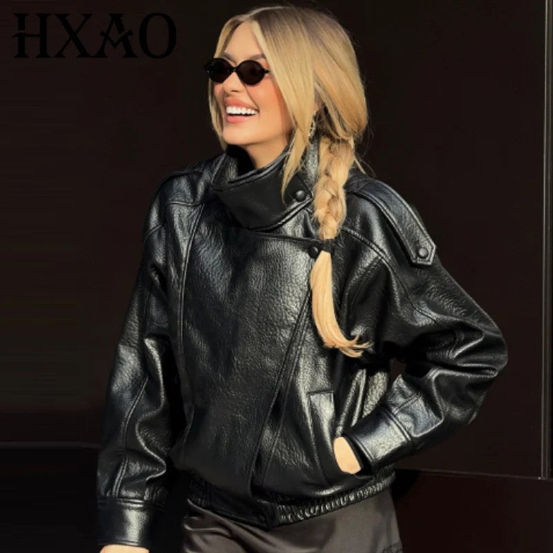 HXAO New Arrival Women's Bomber Jacket Leather Black Jackets Cropped