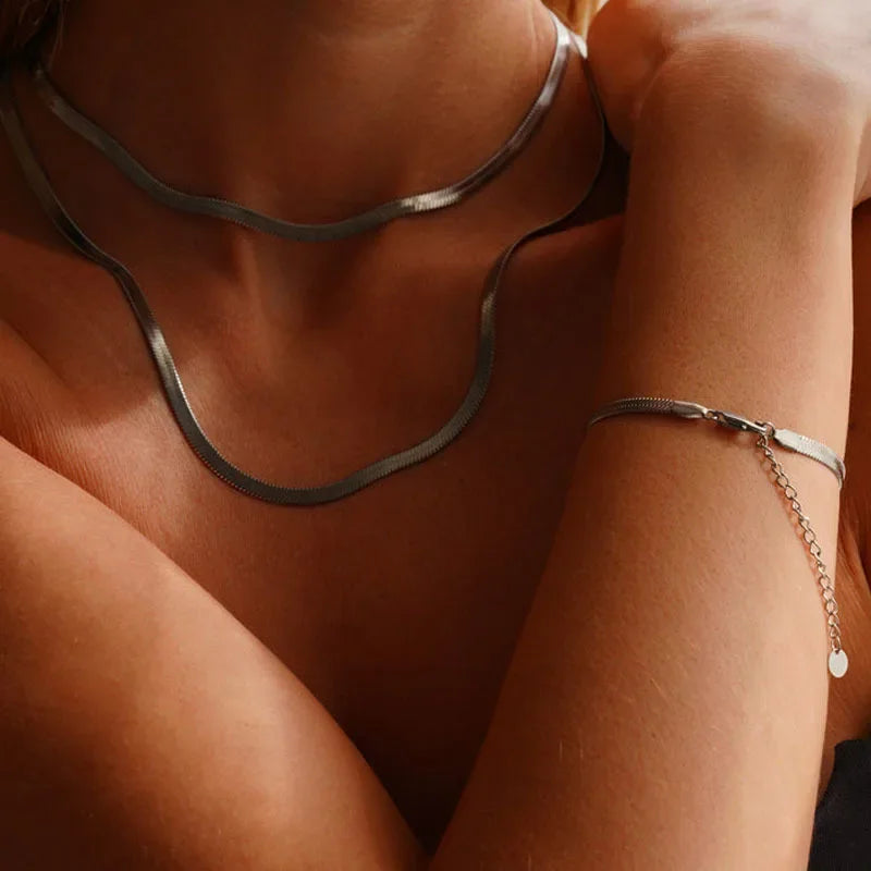4mm Women Herringbone Necklace, 925 Silver Collarbone Chain Choker