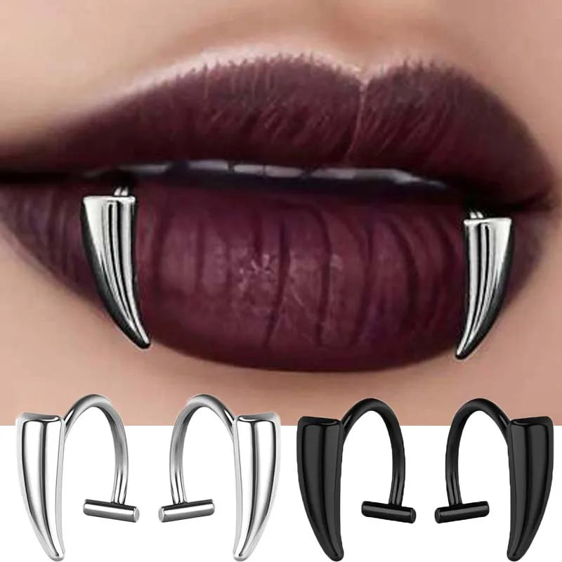 1pair Stainless Steel Personalised Sharp Teeth Fake Piercing Lip Ring