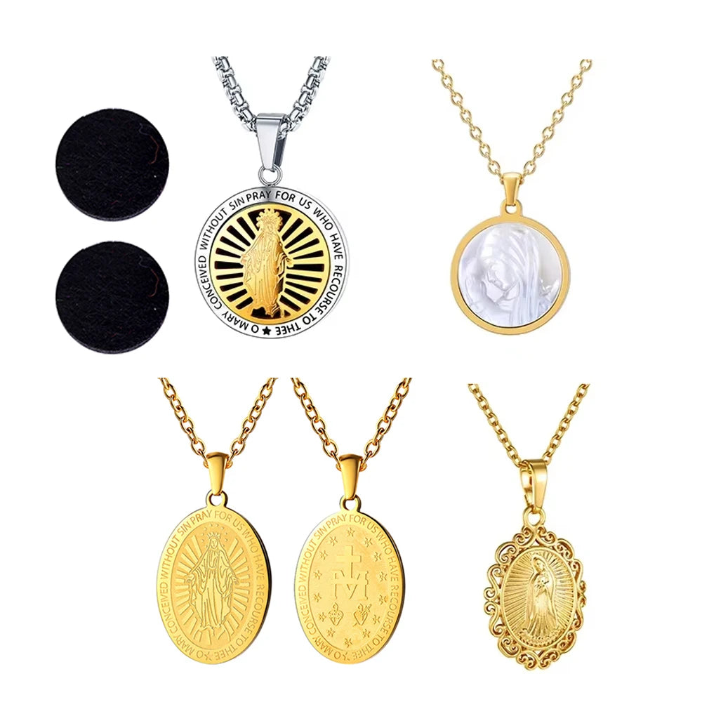 U7 Holy Virgin Mary Pendant Necklaces for Woman Man Round Shell