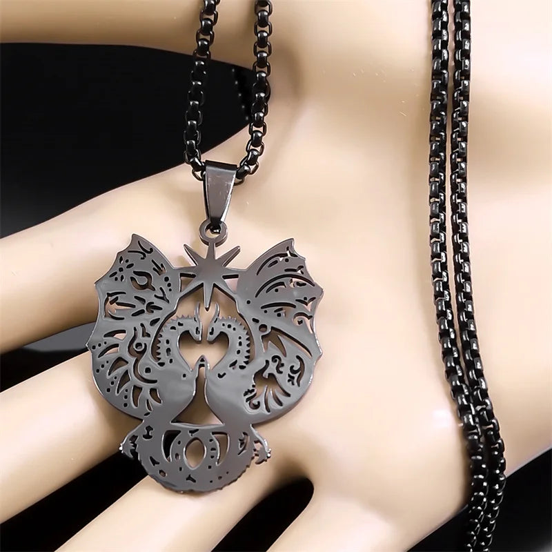 Retro Gothic Dragon Wing Star Pendant Necklace for Male Stainless
