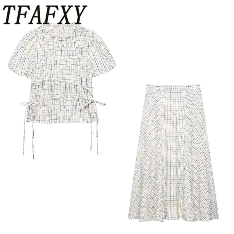 TFAFXY 2026 Summer Bow Plaid Embroidered Blouse Women Sets A-line Midi