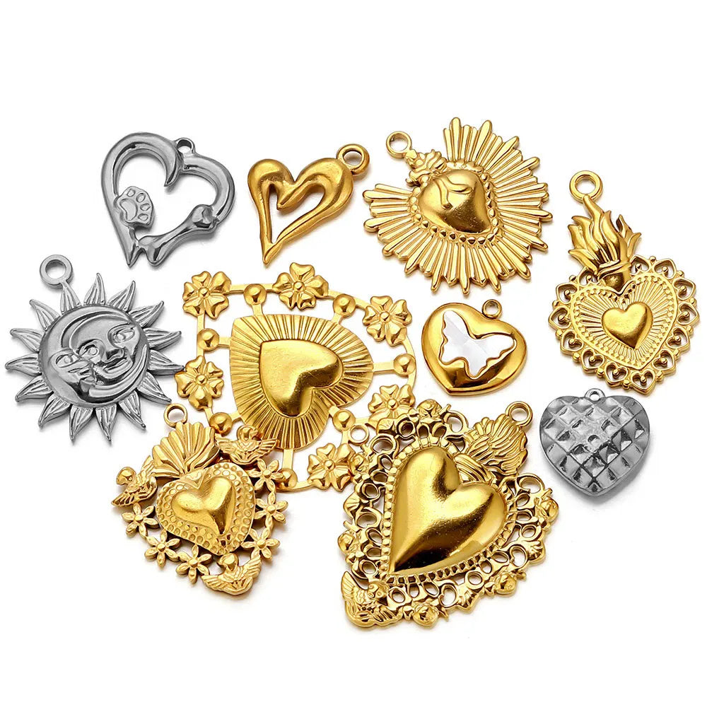 5pcs Stainless Steel Heart Sun Charms Connectors Gold-Plated PVD for