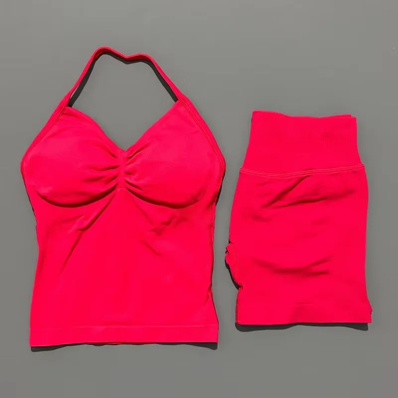 HISTELLO 2 Pieces Sports Set Women Yoga Longline Strap Top Scrunch