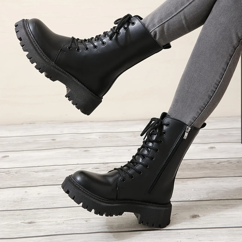 Women's Solid Color Combat Boots Fashion Lace Up Side Zipper Boots