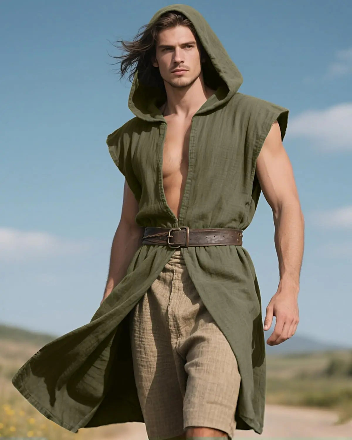 Men's Medieval Hooded Surcoat Renaissance Tabard Sleeveless Tunic