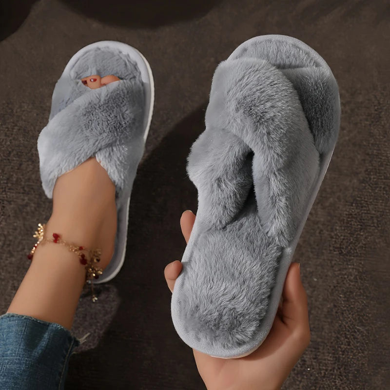 Cross Warm Fluffy Furry Slippers Women Lightweight Flat Heels Fur