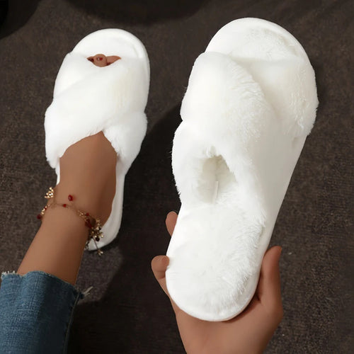 Cross Warm Fluffy Furry Slippers Women Lightweight Flat Heels Fur