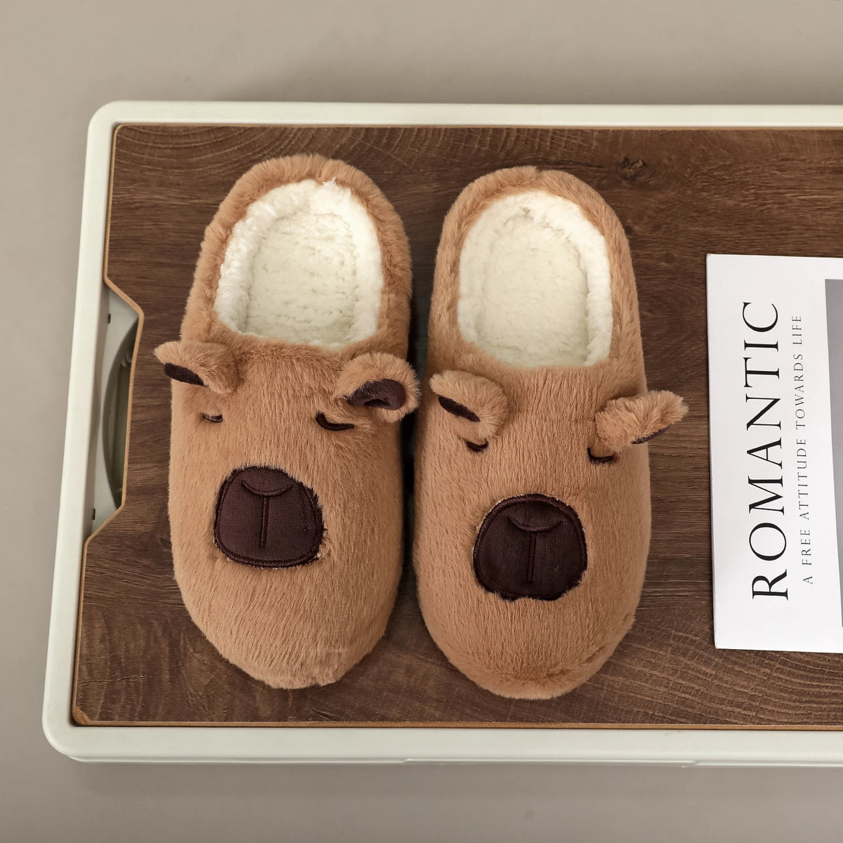 A Pair of Brown Plush Capybara Animal-Patterned Furry Home Slippers