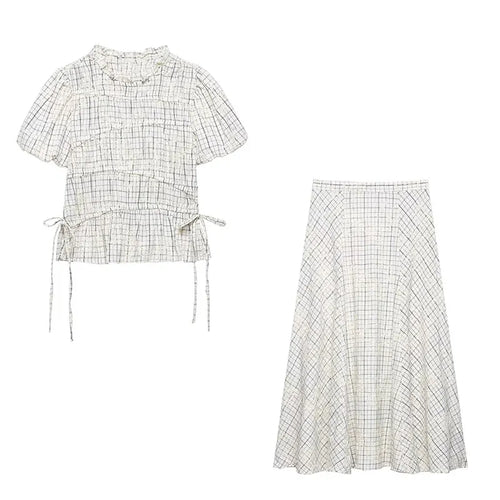 TFAFXY 2026 Summer Bow Plaid Embroidered Blouse Women Sets A-line Midi