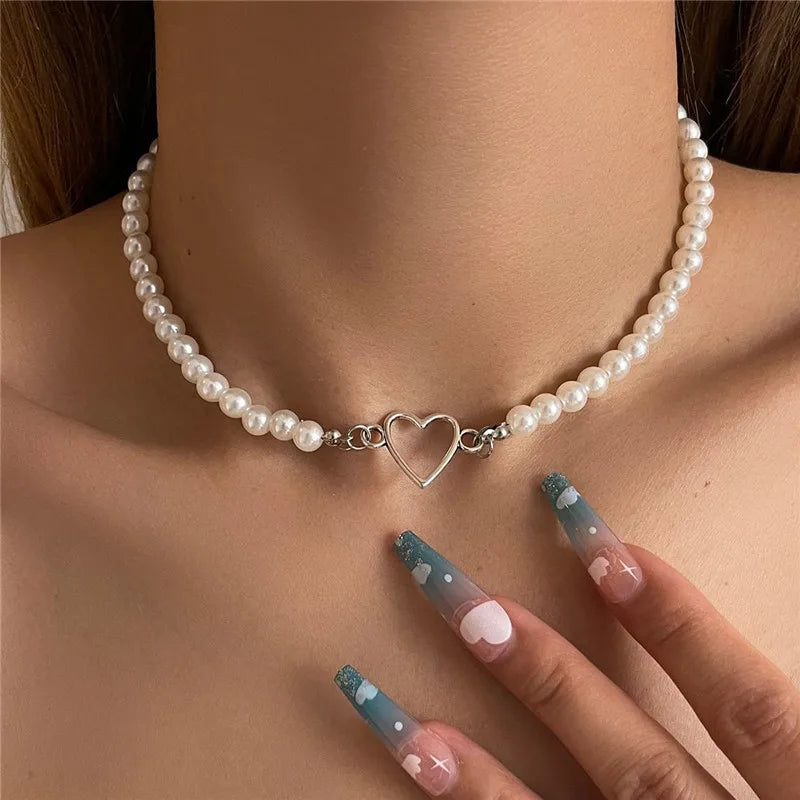 Trendy Love Heart Pearl Choker Necklace Female Personality Party