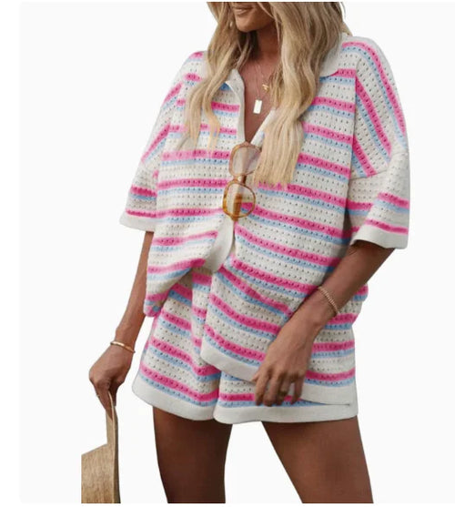 2025 Summer Women'S Hollow Striped Knitted 2 Pieces Set Short Sleeve